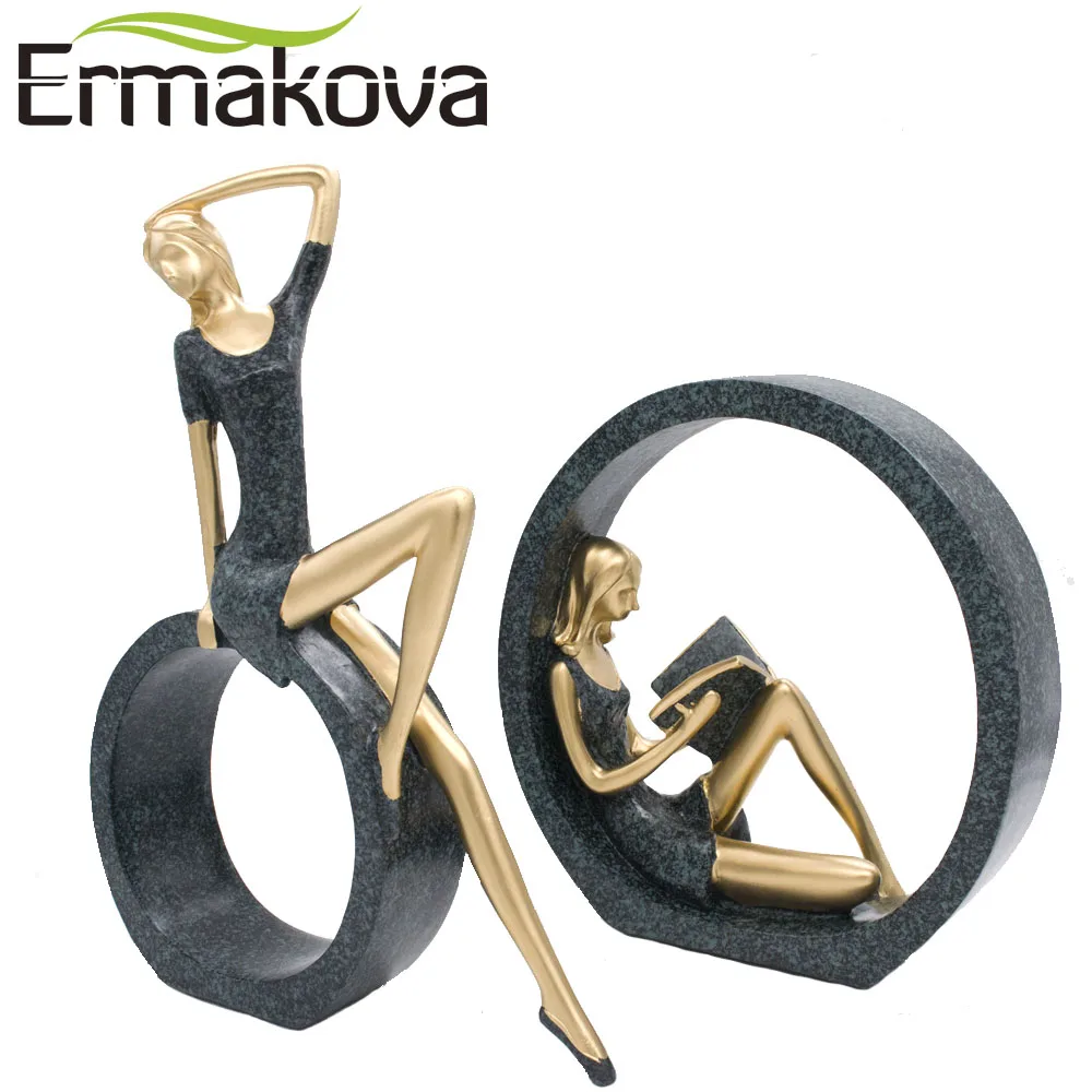 

ERMAKOVA 2 Pcs/Set Resin Abstract Girl Sitting and Girl Reading with Circles Statue Lady Figurine Ornament Home Decor (Green)