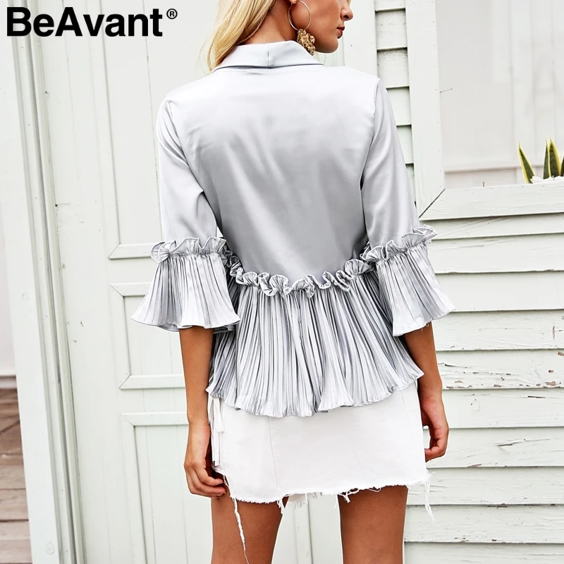 BeAvant Elegant satin pleated ruffles peplum tops 2018 Casual loose long sleeve blouse shirts Women v neck white blouse female