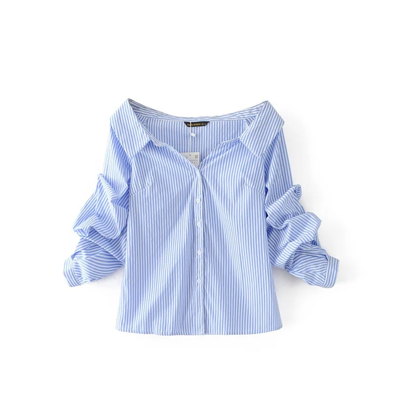 VOGUEIN новые женские розовые синие v-образный вырез гофрированный 3/4 рукав полосатая блузка рубашка Топы - Цвет: Синий