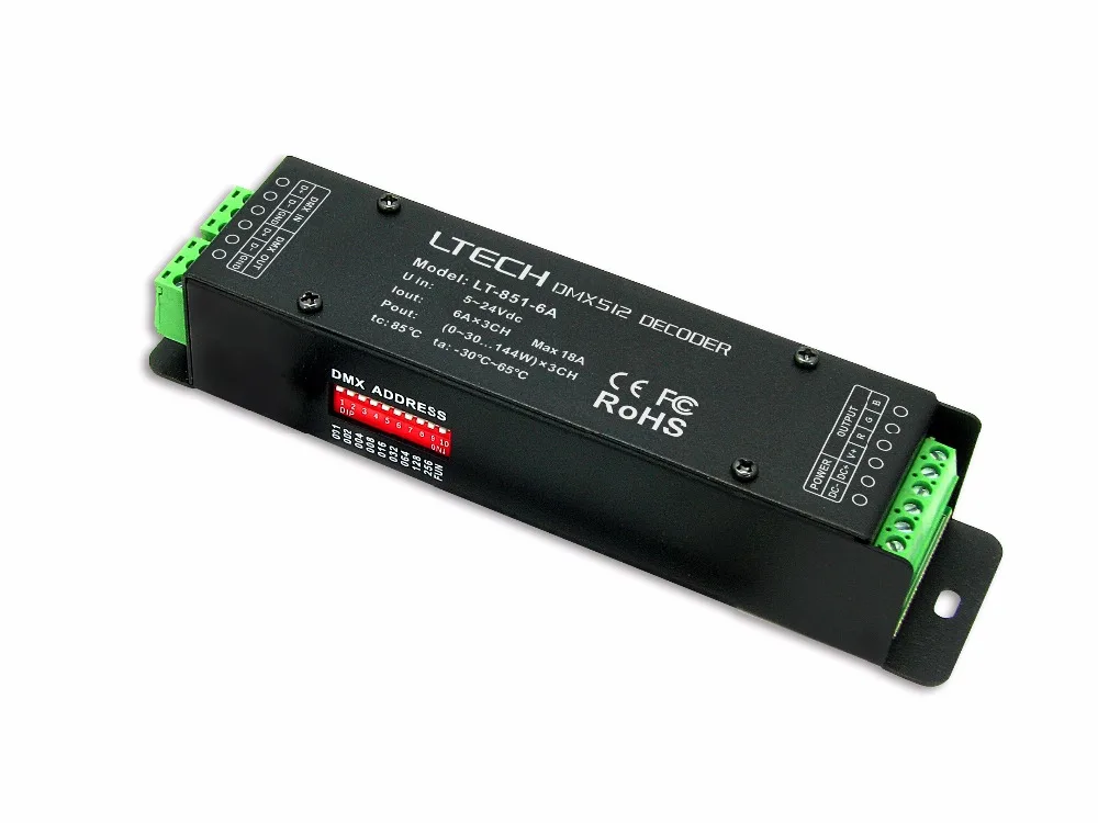 

LT-851-6A;DMX-PWM constant voltage decoder;DC5-24V input;6A*3CH output