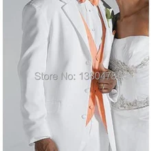 Best продажи три Пуговицы Белый Жених Смокинги для женихов Нотч Best человек Костюмы женихов Для мужчин Нарядные Костюмы для свадьбы(куртка+ Брюки для девочек+ жилет+ галстук