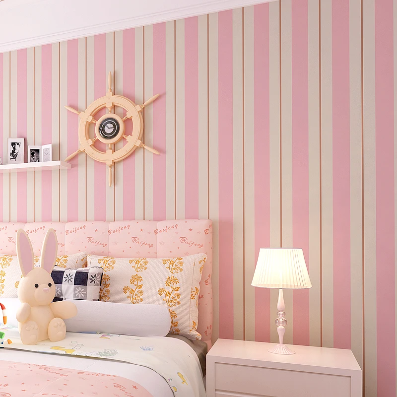 

Mediterranean Style Children Room Non-woven Wallpaper Pink Striped Bedroom Living Room Background Decoration Papel De Parede 3D