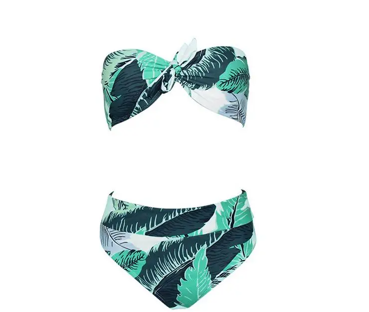 Green Leaves Print Bikishark принт с зелеными листьями высокого качества набор с бикини для женщин без бретелек купальник на завязках девушка плавательный пляжный купальный костюм - Цвет: Green Leaves Print