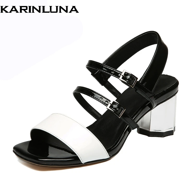 

Karinluna 2019 brand design genuine leather sheepskin fashion gladiator women Shoes chunky heels summer sandals shoes woman