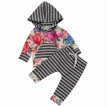 2017 Autumn Newborn Clothes Floral Long Sleeve Hooded Pocket T shirt Tops Striped Pant Legging 2PCS