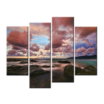 

4 Piece Brick Red Cloud Black Stone in Ocean Seascape Modular Pictures Prints Canvas Printed Pictures for Home Decor Frameless