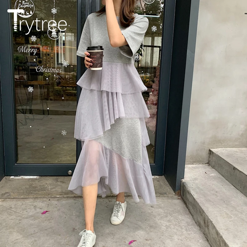 Trytree летнее уличное платье для женщин асимметричное Каскадное Плиссированное Сетчатое лоскутное платье-футболка с круглым вырезом свободное однотонное Повседневное платье