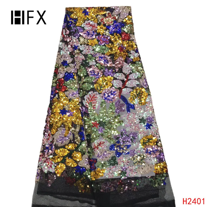 

HFX 2019 Wholesale luxury quality African lace fabric with sequins 5 yards emerald green sequins lace fabric F2401