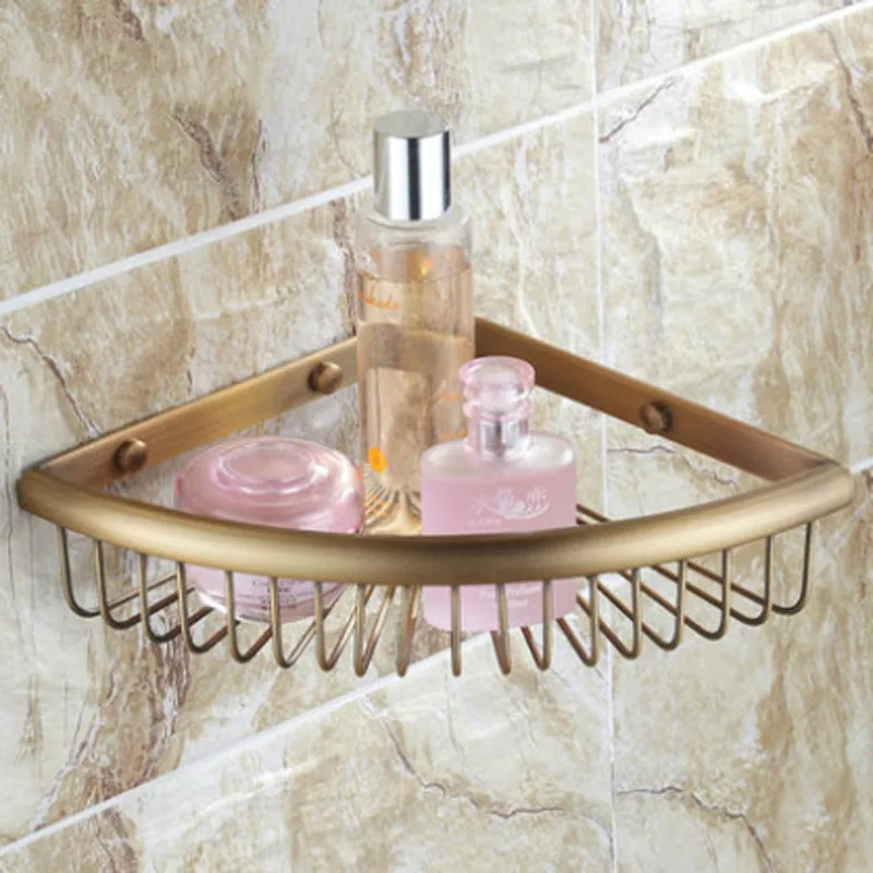 

A1 European copper bathroom rack triangle basket with hook antique single layer basket storage tripod bathroom shelf lo817256
