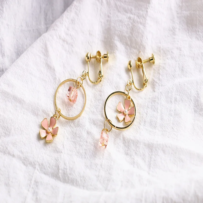

UJBOX Japanese Cherry Blossoms Earrings For Women Girls Natural Stone Harajuku No Pierced Ear Clip Factory Wholesale E142