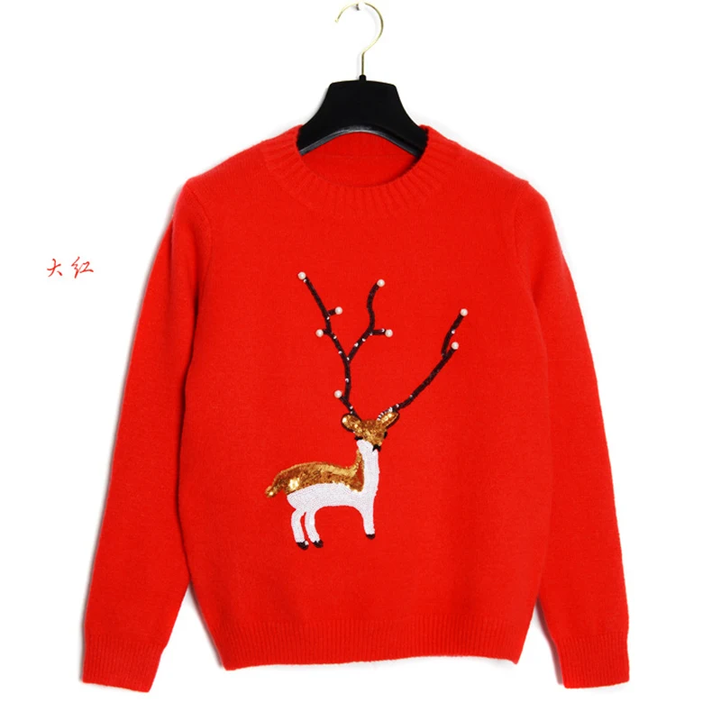 Ladies Christmas Sweater Beading Christmas Deer Pull Femme