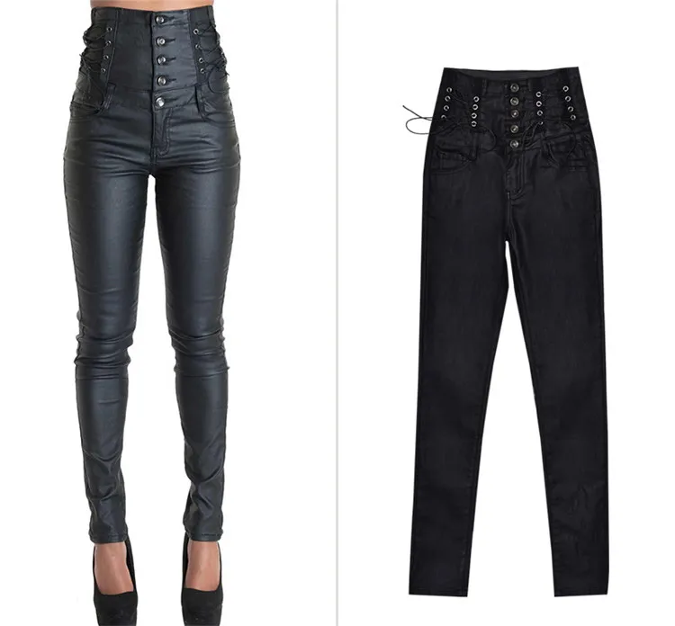 Stretch jeans stretch jeans for women's wear ultra high waist strap decorative coating leather stretch jeans PU large size (4)