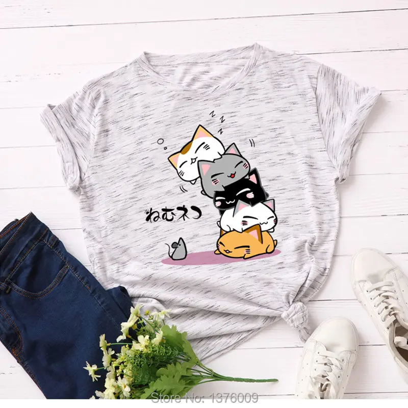 Летняя футболка с японскими играми женская футболка с котом Neko Atsume повседневные топы в стиле Харадзюку для школьниц Shein Mujer Tee S-5XL