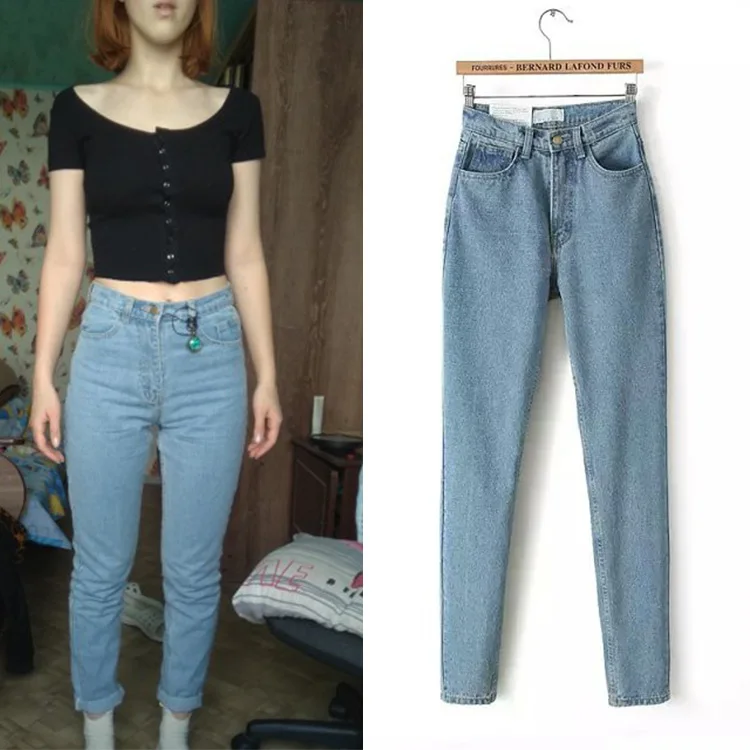 

Women Washed Light Blue High Waist Jeans Classic Vintage Mom Style Denim pants Boyfriend Jeans Pants Femme