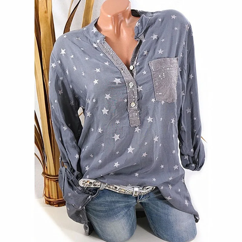 Женская блузка большого размера, новинка, длинный рукав, v-образный вырез, на пуговицах, топ с принтом, Повседневная модная женская рубашка, S-5XL