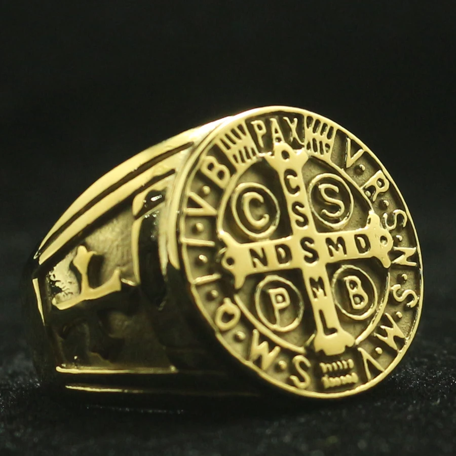 

Newest Size 6 To Size 15 Unisex Saint Benedict of Nursia CSPB CSSML NDSMD 316L Stainless Steel Golden Cross Ring