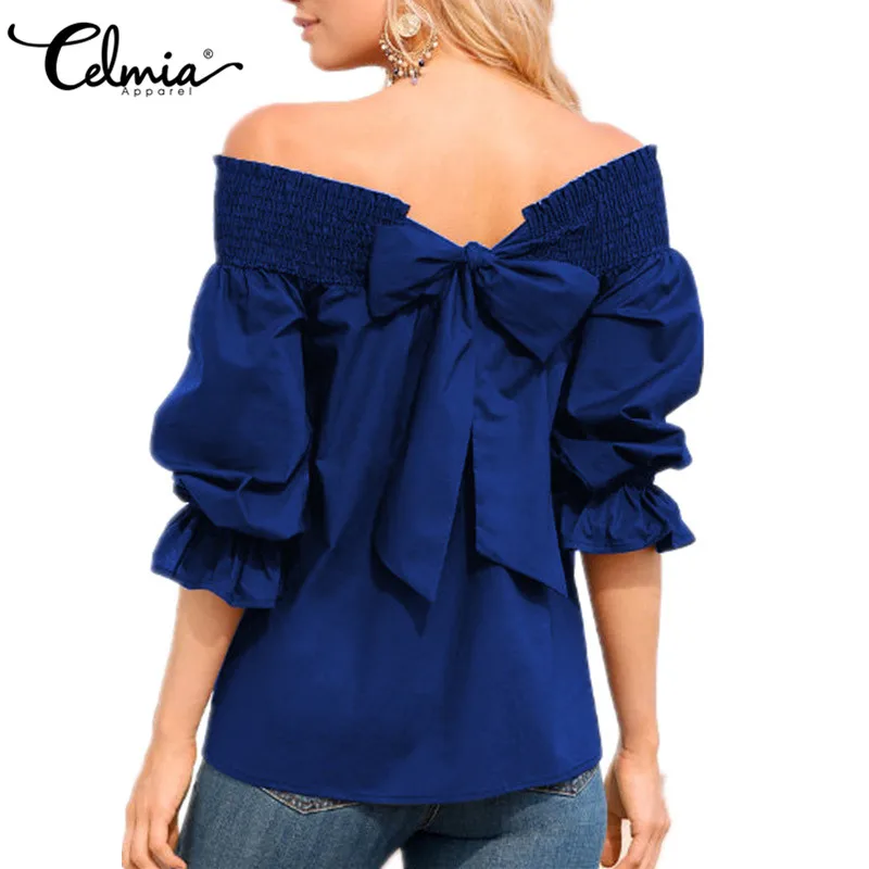 

Sexy Off Shoulder Tops Celmia 2019 Women Blouse Summer Strapless Bowknot Slash Neck Shirts Casual Loose Blusa Feminina Plus Size