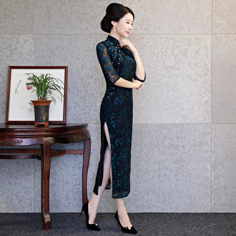 Qipao длинное платье Чонсам китайское женское хлопковое элегантное винтажное традиционное Цветочное платье с вышивкой платье Чонсам тонкое женское платье