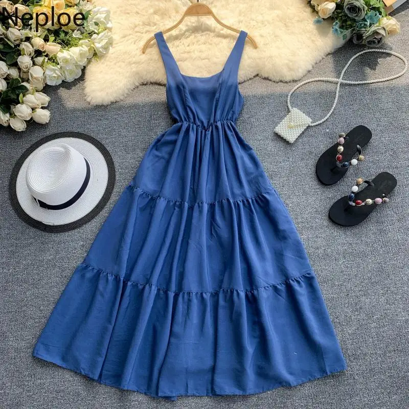 

Neploe Solid Backless Women Dress Summer 2019 New Square Collar Camis Vestidos Slim Waist A-Line Dresses 44610