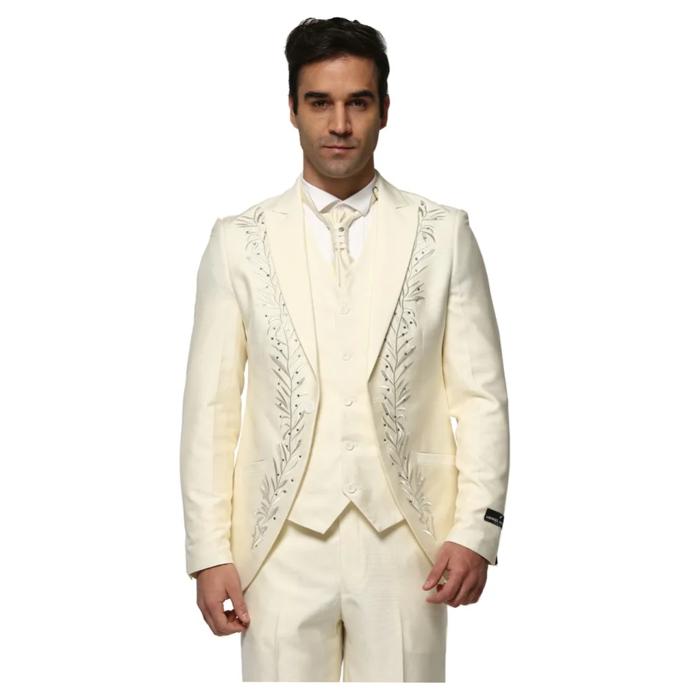 2017 Beige Ivory Groom Tuxedos Embroidery Rhinestone Mens Wedding Prom