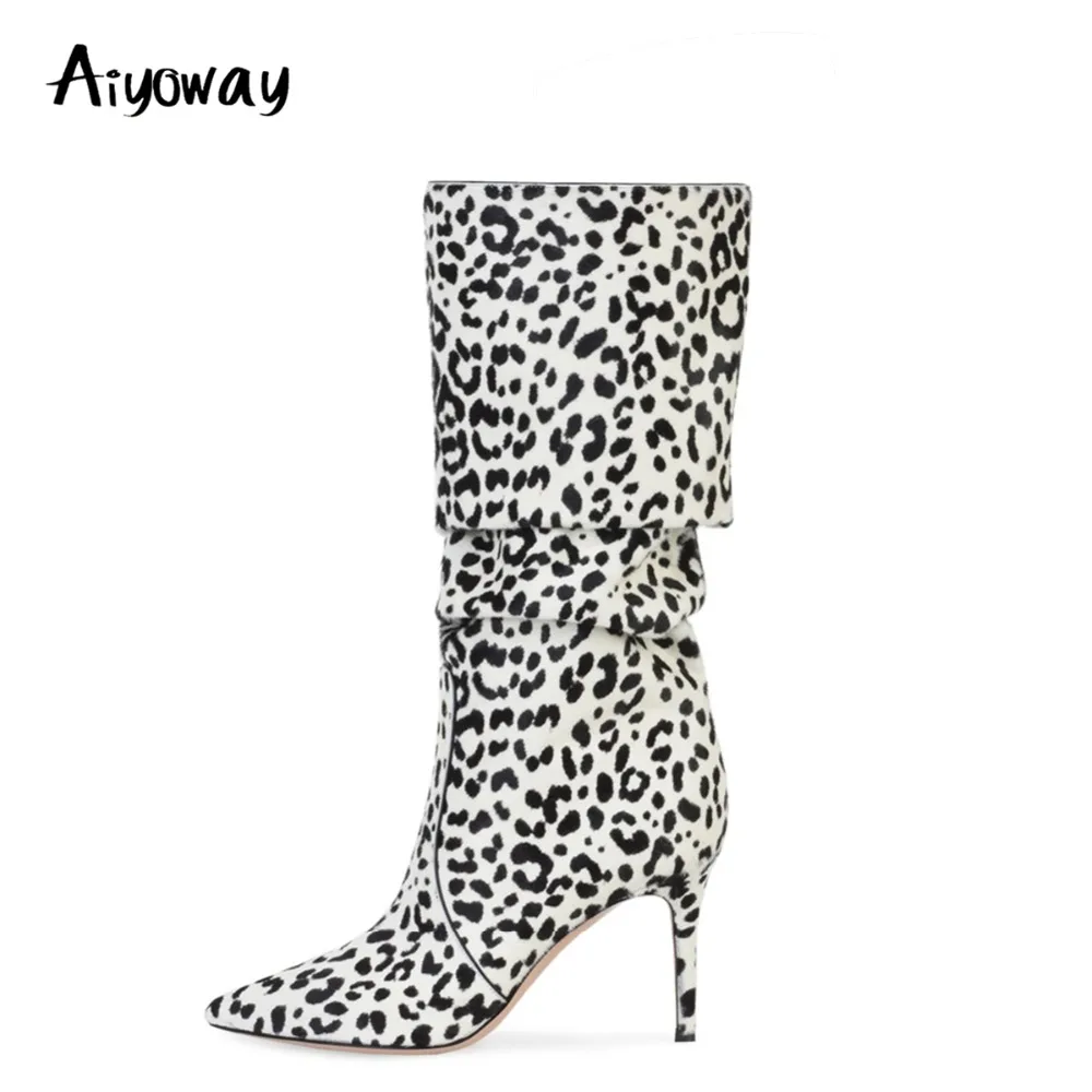 

Aiyoway Women High Heel Knee High Boots Leopard Pattern Slouchy Winter Shoes Ladies Pointed Toe Casual New Arrival Fashion