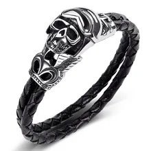 Ювелирные изделия 6 мм двойной Слои Подлинная Плетеный Кожаные браслеты Для мужчин прохладный череп Нержавеющая сталь кожаный браслет мужской браслет подарок
