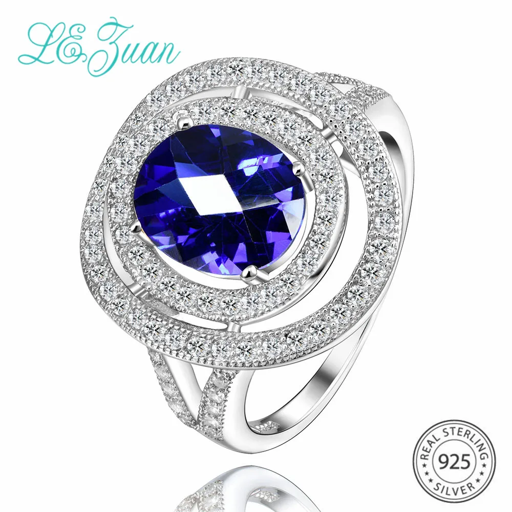 

L&zuan Deluxe 2.92ct Created Sapphire Ring for Woman in 925 Sterling Silver With White CZ Paved Rings Blue Gemstone Fine Jewelry