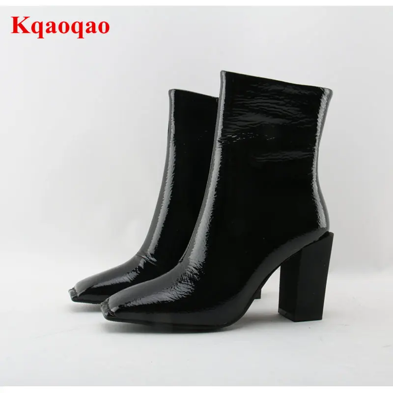

Hot New Square Toe Women Ankle Boots Black Patent Leather Short Booties High Heel Side Zip Luxury Brand Super Star Runway Shoes