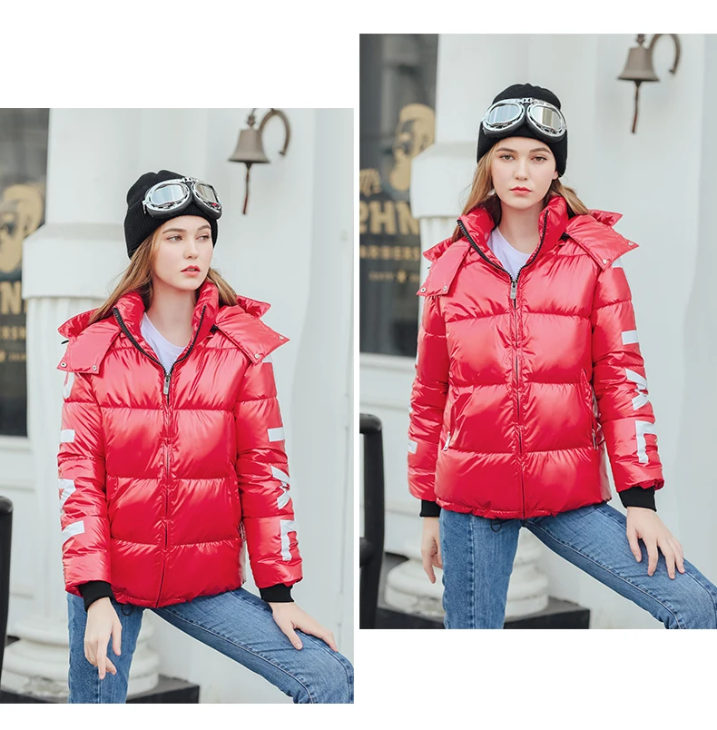 Winter Parka Women's Glossy Hooded Down Cotton Jacket Thick Bright Green Blue Shiny Jackets Letter Printed Loose Parker Coat