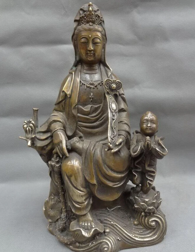 

S5357 12" Chinese Bronze Buddhist RuYi Lotus Kwan-Yin GuanYin Pot Kid Child Statue D0318