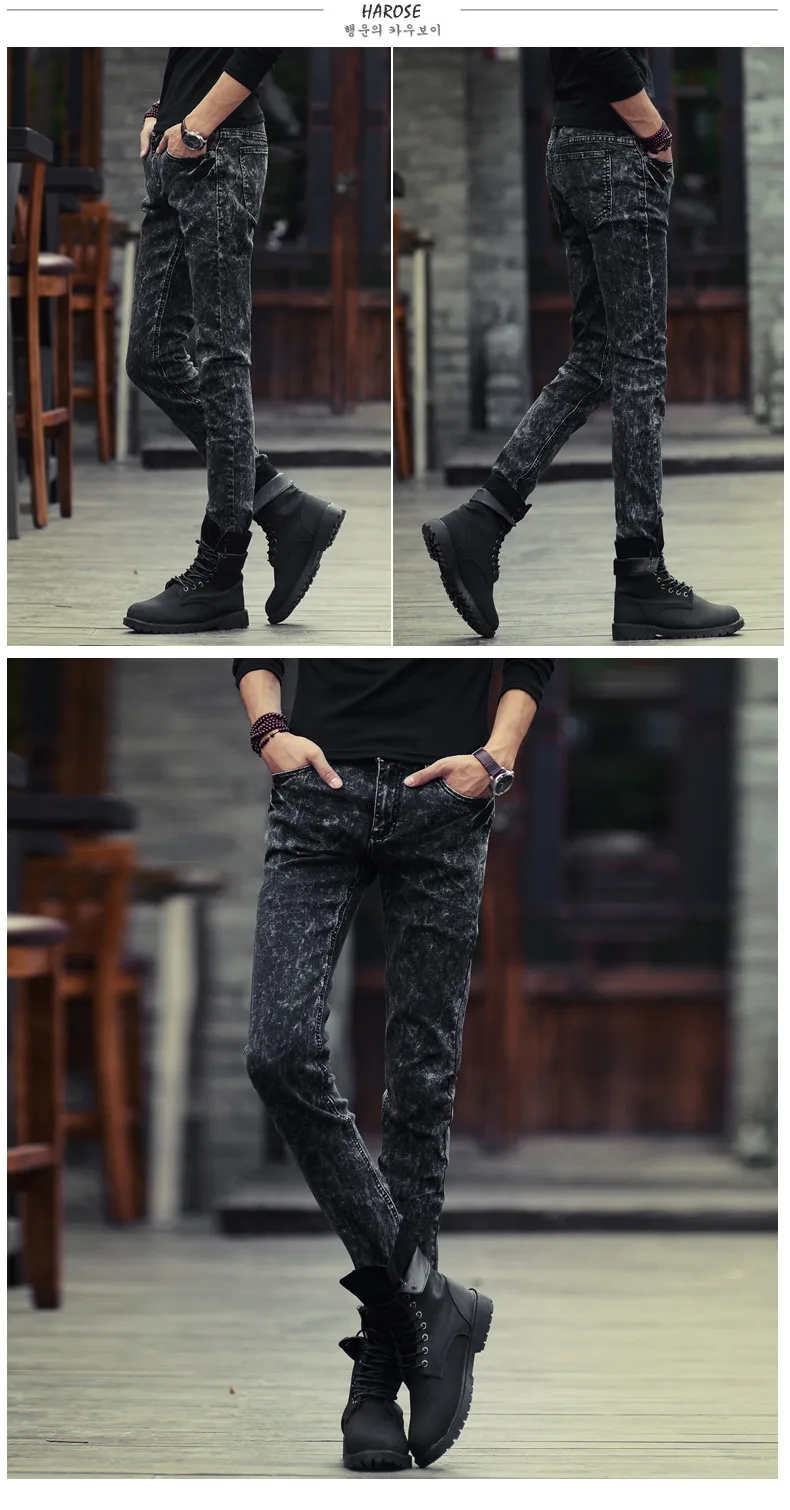 Осенне-зимняя обувь черный мужской тонкий обтягивающие штаны брюки для мальчиков загрузки вырезать джинсы
