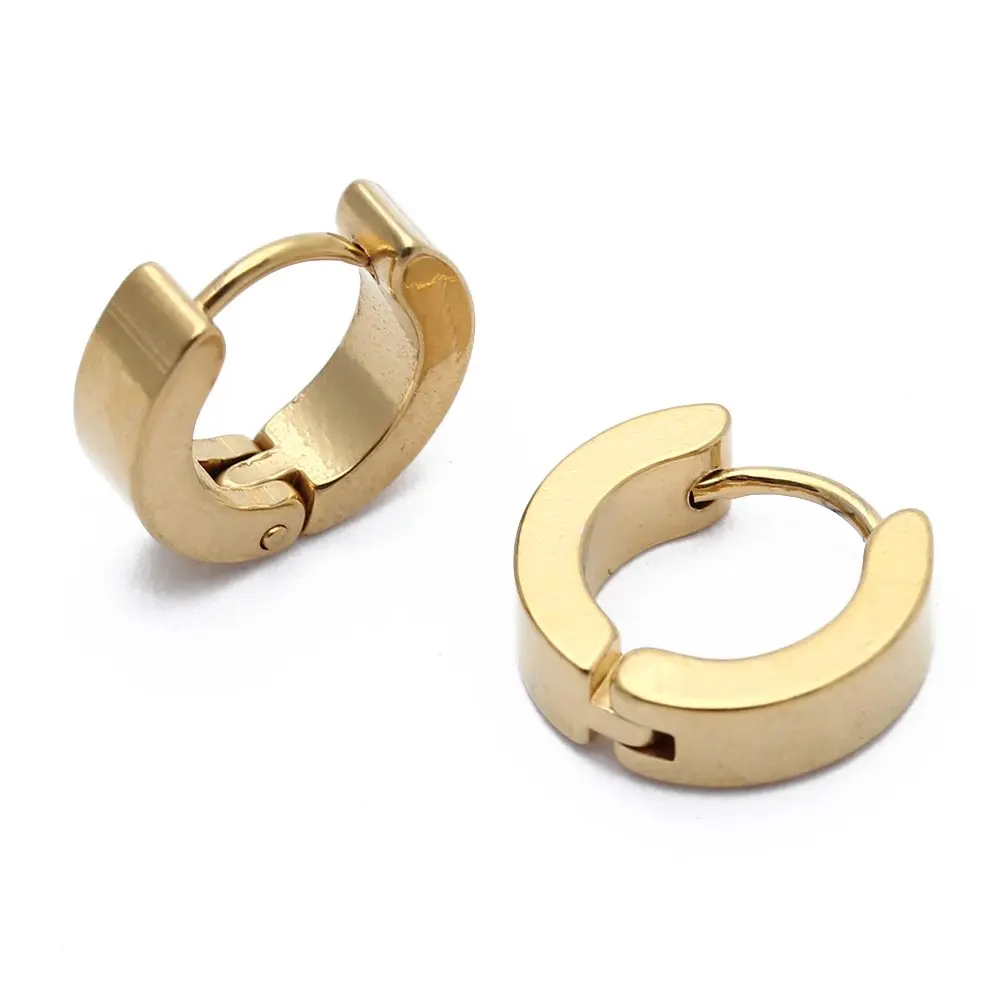 

Pair Men's Hoop Huggie Earrings Titanium Steel 4mm x 9mm Golden Tone