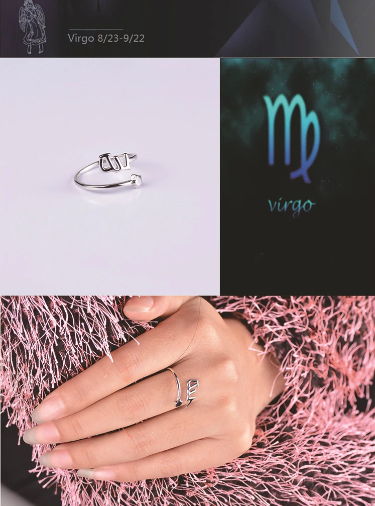 SA SILVERAGE 925 серебро 12 созвездий изменяемый размер, Незамкнутое кольцо для женщин ювелирные украшения 925 серебро свадебное кольцо-Ретро Охотники за приведениями - Цвет камня: Virgo