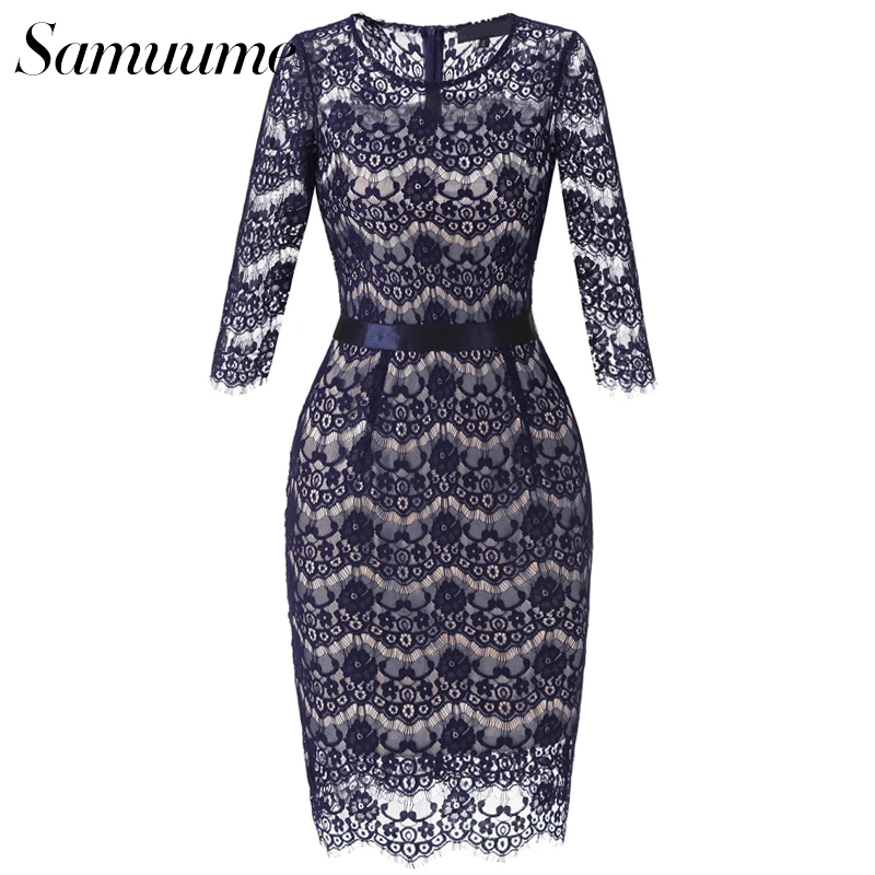 Samuume New Arrival Elegant Women Lace Midi Dresses Three Quarter Patchwork Hollow Out Sheath Wrap Party Dress D1801355 | Женская одежда