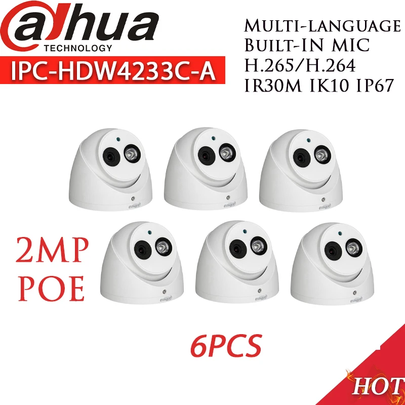 

Original dahua IPC-HDW4233C-A 6PCS/lot 2mp 1080P POE IP dome camera built mic H.265 Max. IR LEDs Length 30m ​WDR 3DNR Waterproof