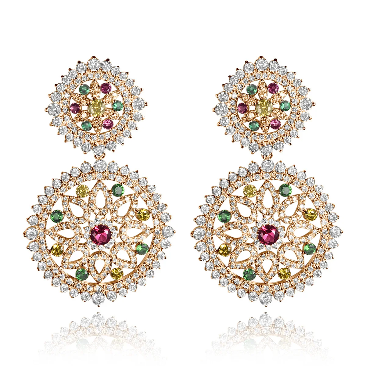 

Double Round Cubic Zircon Inlay Multicolor CZ Stone Big Stud Wedding Earrings Fashion Women Party Jewelry
