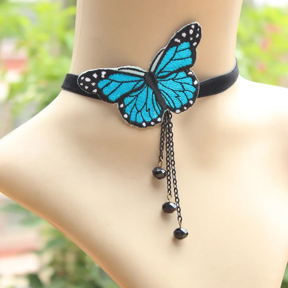 

605 Manual Original Blue Bowknot Necklace Collar Velvet Belt Lace Choker Necklace For Women N3612