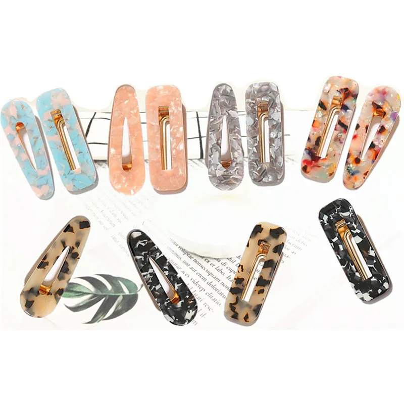 

Women Girls Japanese Style Side Hair Clip Hollow Geometric Water Drop Shape Duckbill Hairgrips Colored Marble Textured Printed