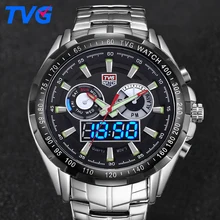 TVG Mens Double Affichage LED DE MODE MONTRES en acier Inoxydable Étanche Mâle Quartz Montres 2 couleur Date semaine colck 579