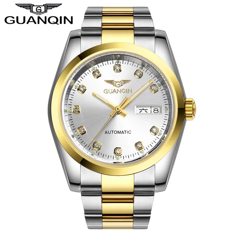 Автоматические часы мужские роскошные GUANQIN водонепроницаемый Алмазный Сапфир Мужские золотые часы мужские часы Лидирующий бренд 12 месяцев гарантировано - Цвет: WHITE GOLD