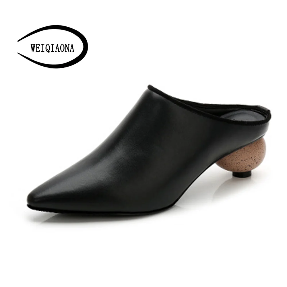 

WEIQIAONA 2018 New Brand Design Shoes Women Casual Pionted Toe Comfortable Mid Heels Mules Party Shoes Dress Shoes