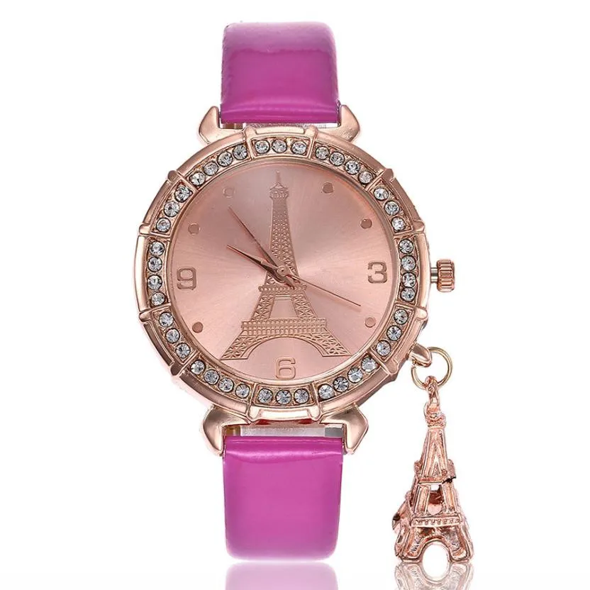 

OTOKY Relogio Feminino Fashion Women Watch Quartz Wristwatch PU Leather The Eiffel Tower Rhinestone pendant Wrist Watch Mar21