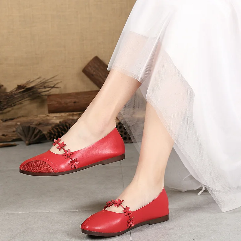 

Women Leather Loafers Red Flower Low Heels Shoes Spring 2019 Retro Flats Women Ankle Strap Handmade Genuine Leather Moccasin