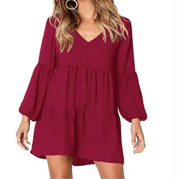 

2019 Spring Summer Party Dress Women Casual Loose Elegance Pleated Dress Long Sleeve V-Neck Sexy Black Wine Red Vestidos