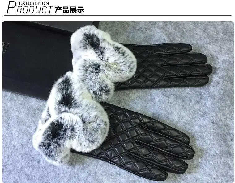 Роскошные женские кожаные перчатки из натурального кроличьего меха, черная кожаная зимняя перчатка из овечьей кожи, женские теплые перчатки из натуральной толстой кожи