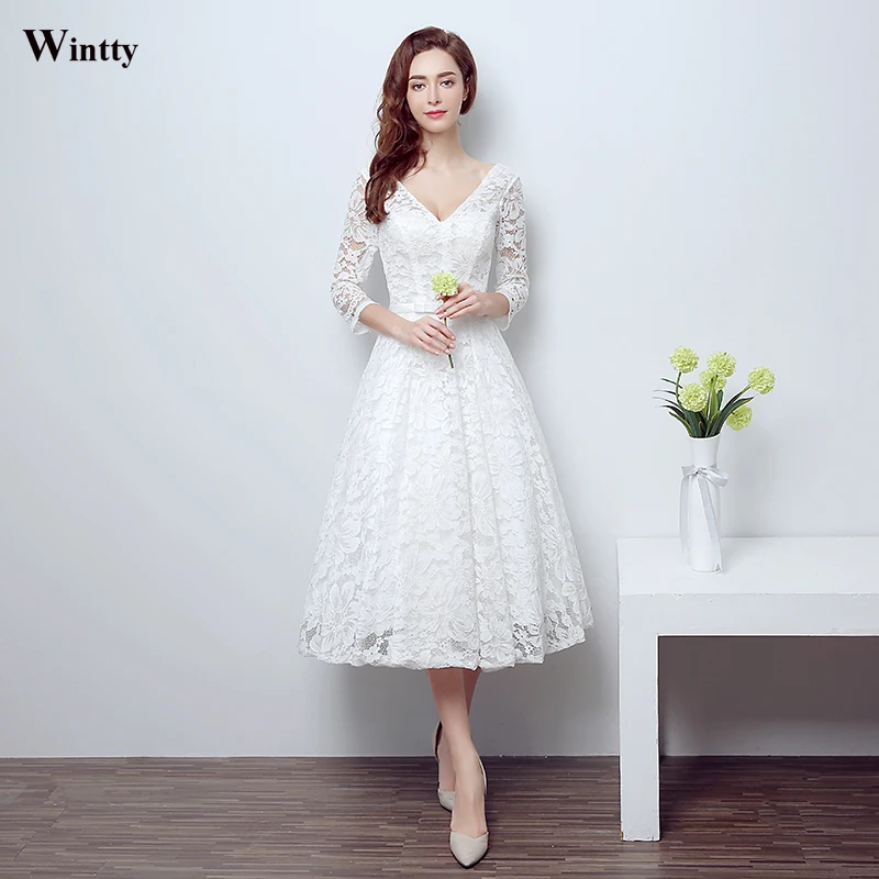 Wintty High Quality Ivory White Vintage Strapless Lace Tea Length