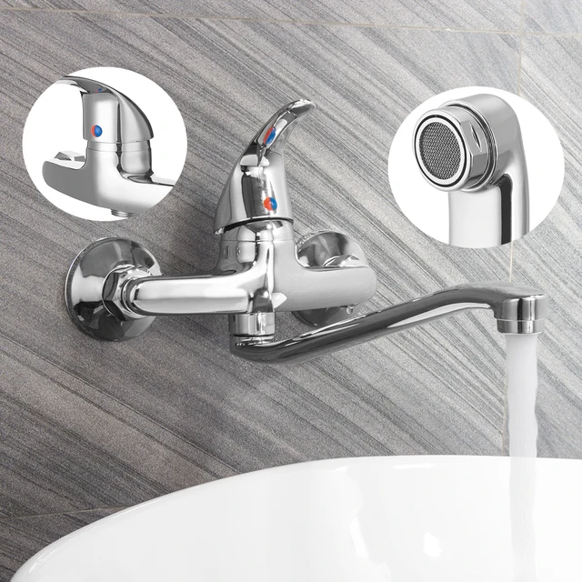 Xueqin Extended Spout Bathroom Basin Faucet Chrome Polished Single Handle  Sink Water Mixer Tap Cold And Hot Wall Mounted