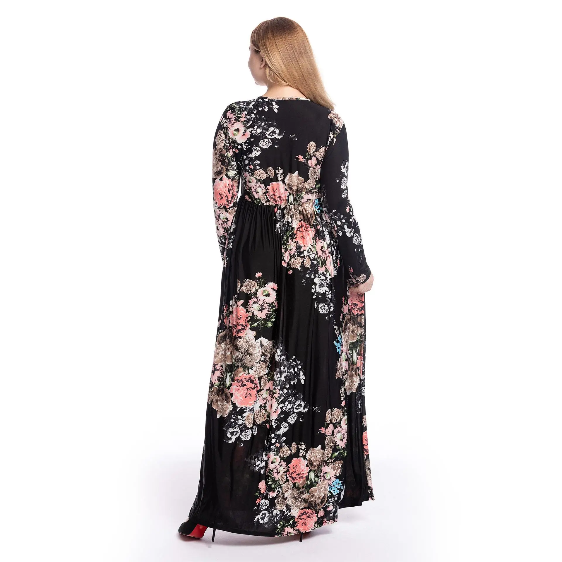 Плюс размеры Новый Boho Цветочный Принт Макси длинное платье для женщин для отдыха и вечеринок драпированные длинный рукав, мусульманский