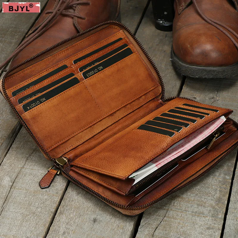 BJYL Full leather men's long zipper wallet handmade vegetable tanned ...