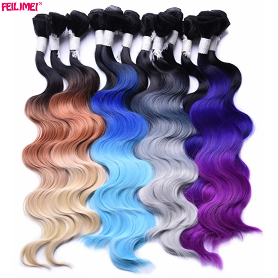 

Feilimei Ombre Gray Blonde Body Wave Hair Weft Weaving 18" 20" 22" 280g Synthetic High Temperture Fiber Purple Hair Extensions